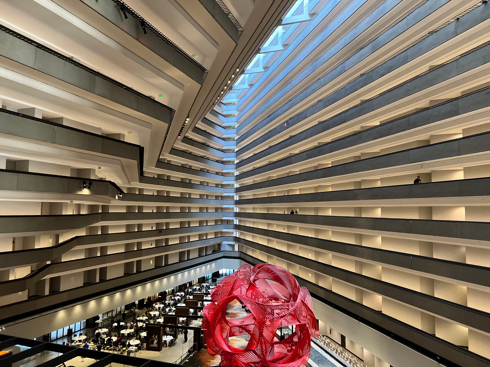 Hotel atrium with red sculpture
