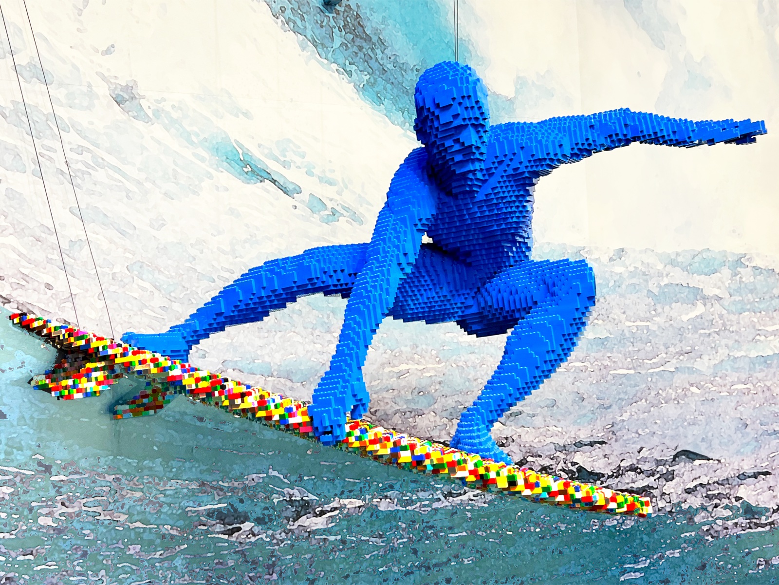 Blue lego surfer sculpture